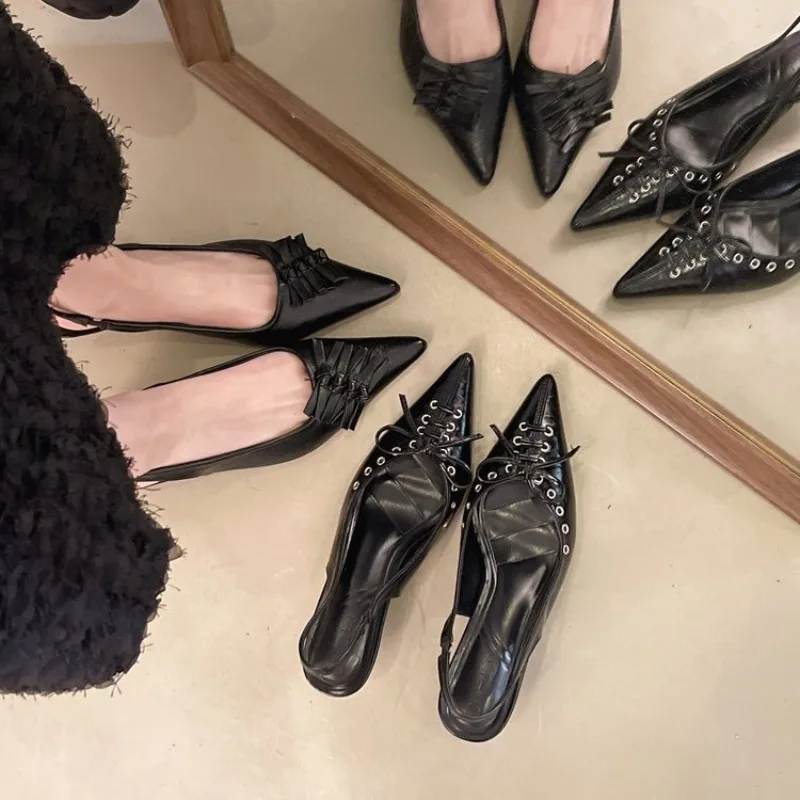 

Hot Selling 2025 Pointed Toe High Heels Women's Thin Heel Large Size Summer Sexy Rivet Buckle Middle Heel Headed Sandals Women