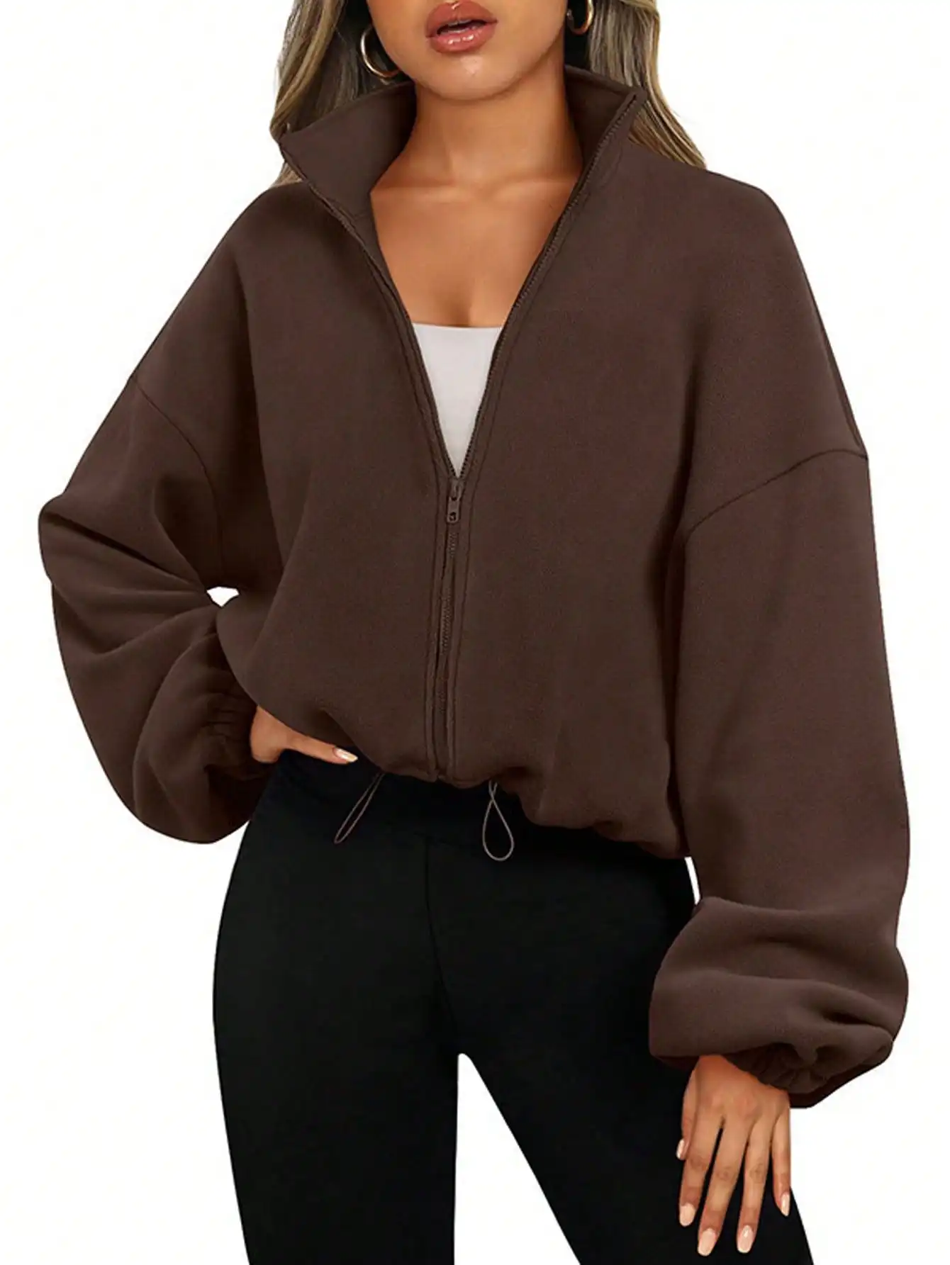 

Women's Brown Fleece Crop Zip-Up Jacket with Drawstring, Loose Fit, Lantern Sleeves for Spring