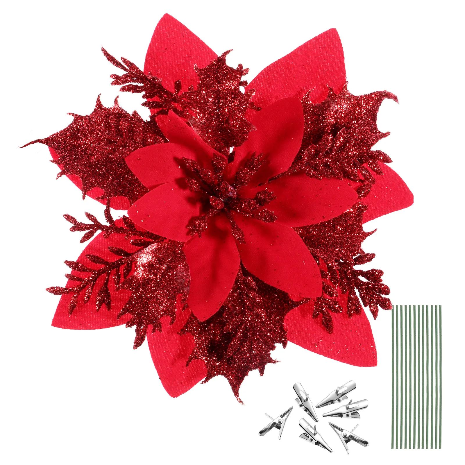 

12pcs Christmas Floral Decoration Glitter Poinsettia Flowers Clips Stems Included Artificial Flower Ornaments For Holiday