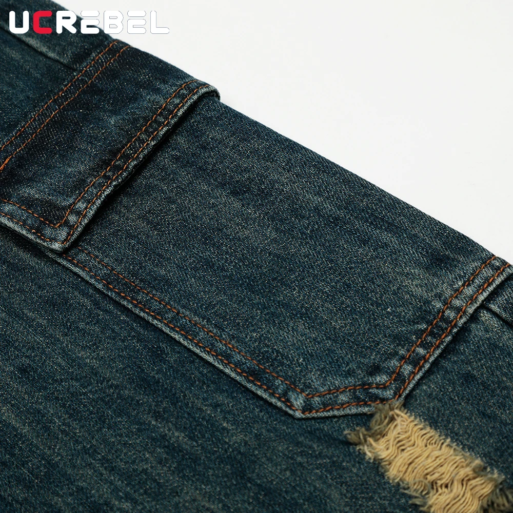 Bolso emendado denim shorts masculino rasgado lavado angustiado retro high street solto perna larga calças curtas
