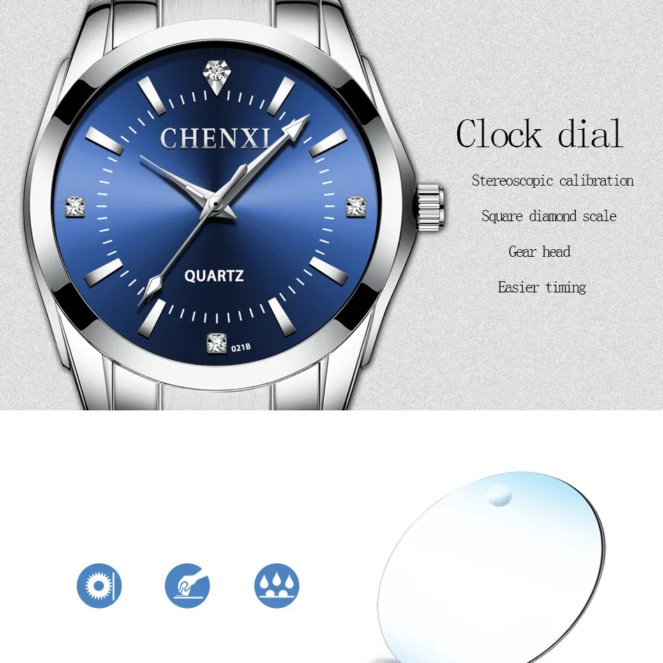 CHENXI 021-Reloj de pulsera de acero inoxidable para hombre y mujer, cronógrafo de marca Original, sencillo, informal, resistente al agua