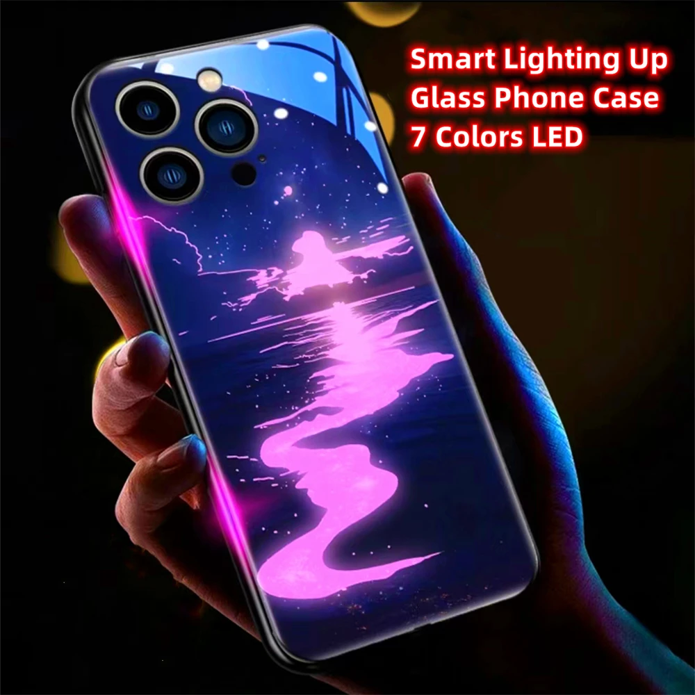 Sunrise Moon Sea Design Smart LED Light Glow Tempered Glass Phone Case For iPhone Air 17 16 15 14 13 12 11 Pro Max Plus view 6