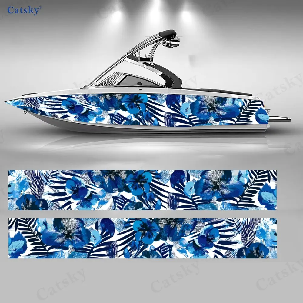 

2Pcs Blue & White Tropical Floral Boat Stickers, PVC Waterproof Vinyl Wrap Decals for Fishing Boats, Durable and Stylish Design