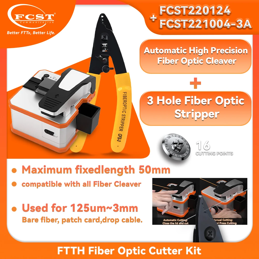 FCST 2pcs FTTH fiber optic cutter kit automatic high precision fiber optic cleaver and 3 hole fiber optic stripper