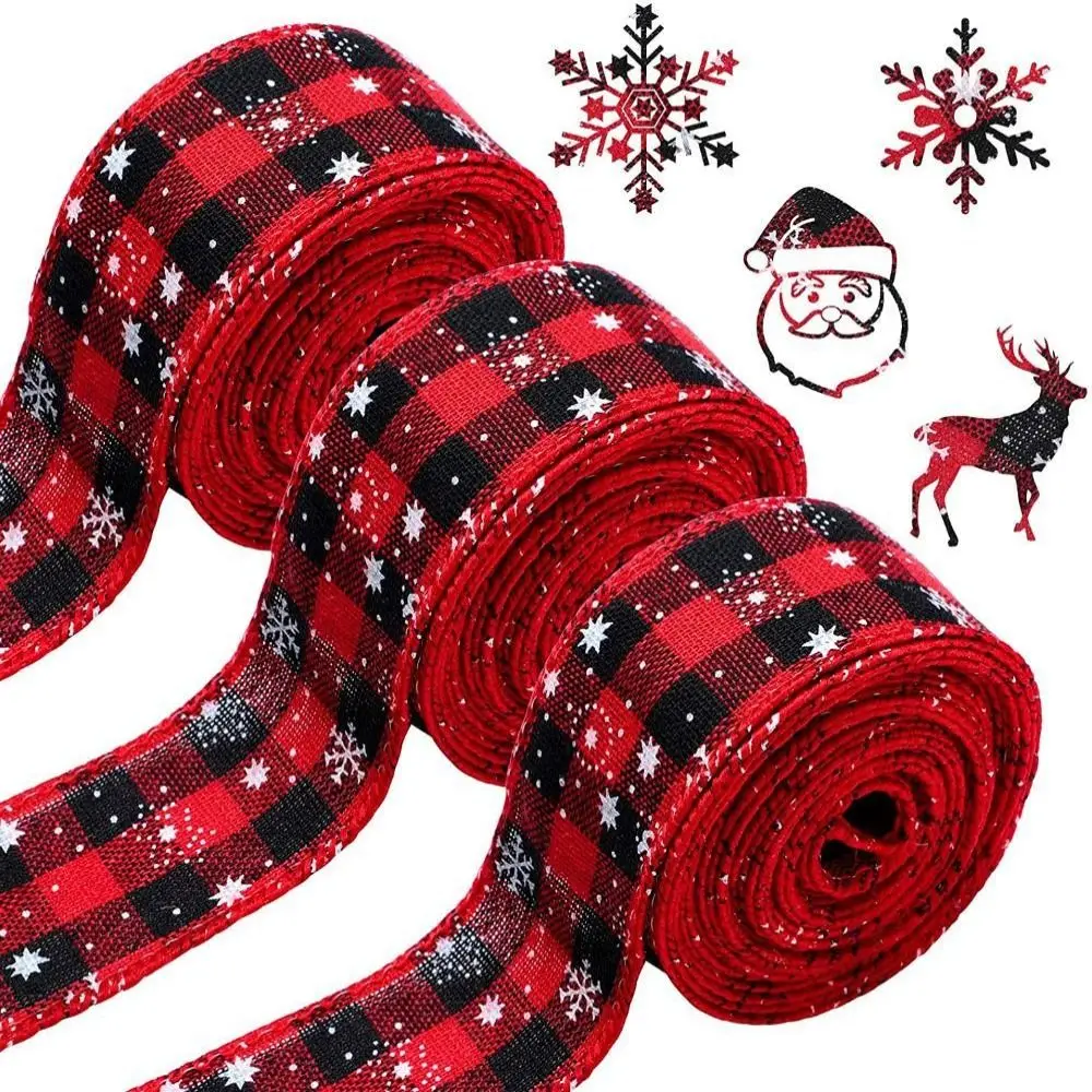 2 rolls/set 6M Christmas Decorative Ribbon Cuttable Decorative Red and Black Plaid Ribbon Snowflake Burlap Ribbon