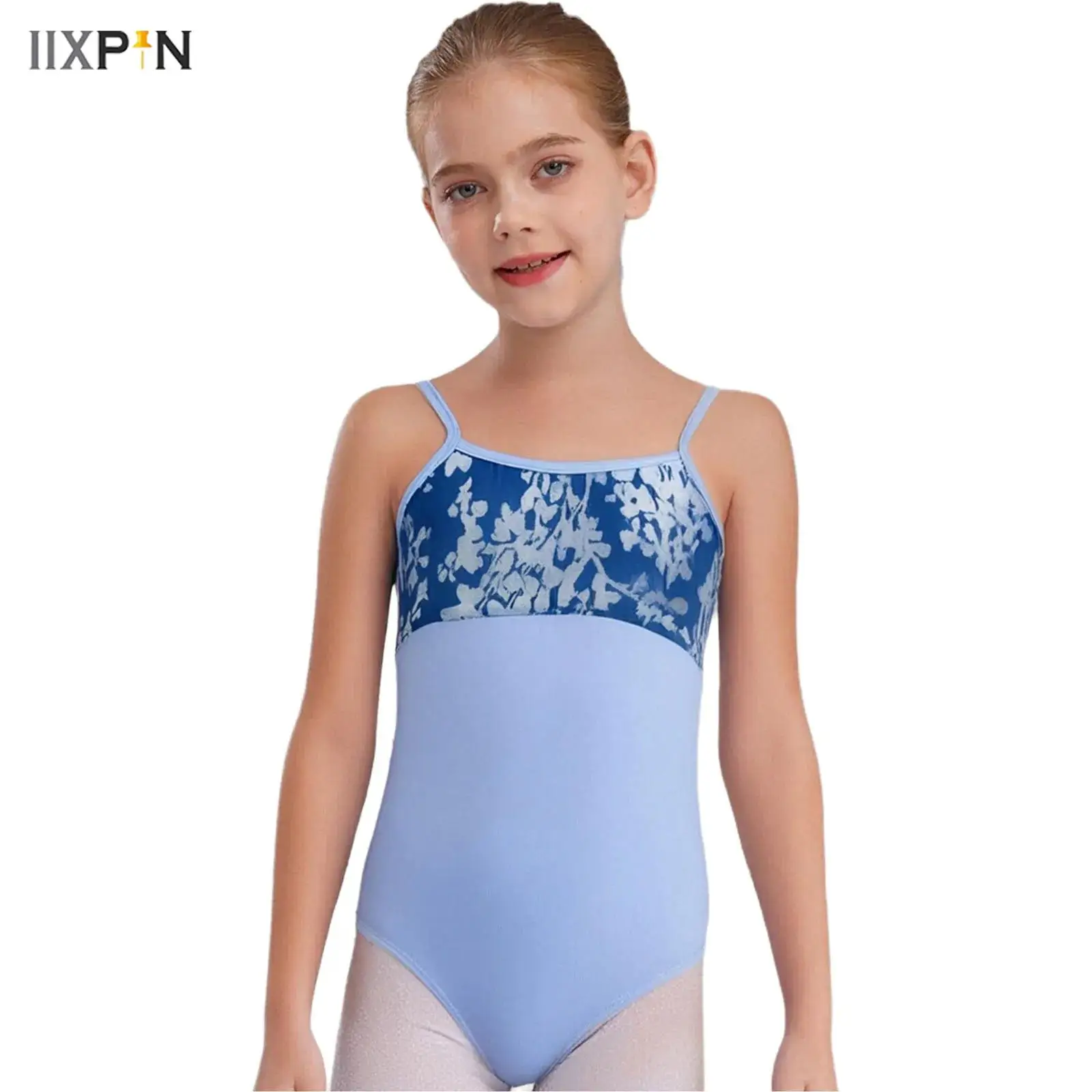 

Kids Girls Ballet Gymnastics Dance Bodysuit Floral Velvet Patchwork Cross U Back Spaghetti Straps Dance Leotard for Performance