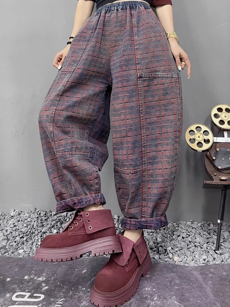 

Женские повседневные джинсовые шаровары, новинка 2025 года, осень, винтажный стиль, клетчатый узор, свободные женские джинсы-бойфренды до щиколотки M2196