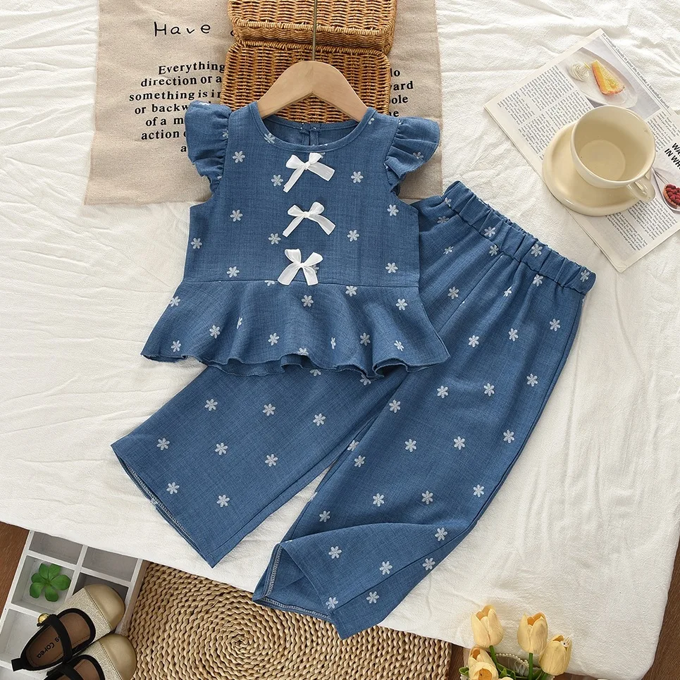 Girls 2026 Summer Outfit with Floral Print Flutter Sleeves Bow Top Long Pants Versatile and Stylish Two-Piece Kids Fashion Set