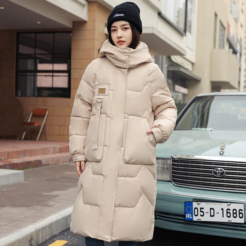 

Women Mid Length Cotton Jacket Fashion Simple Big Pocket Hooded Warm Overcoat Korean Casual Loose Winter Thicken Snow Clothes