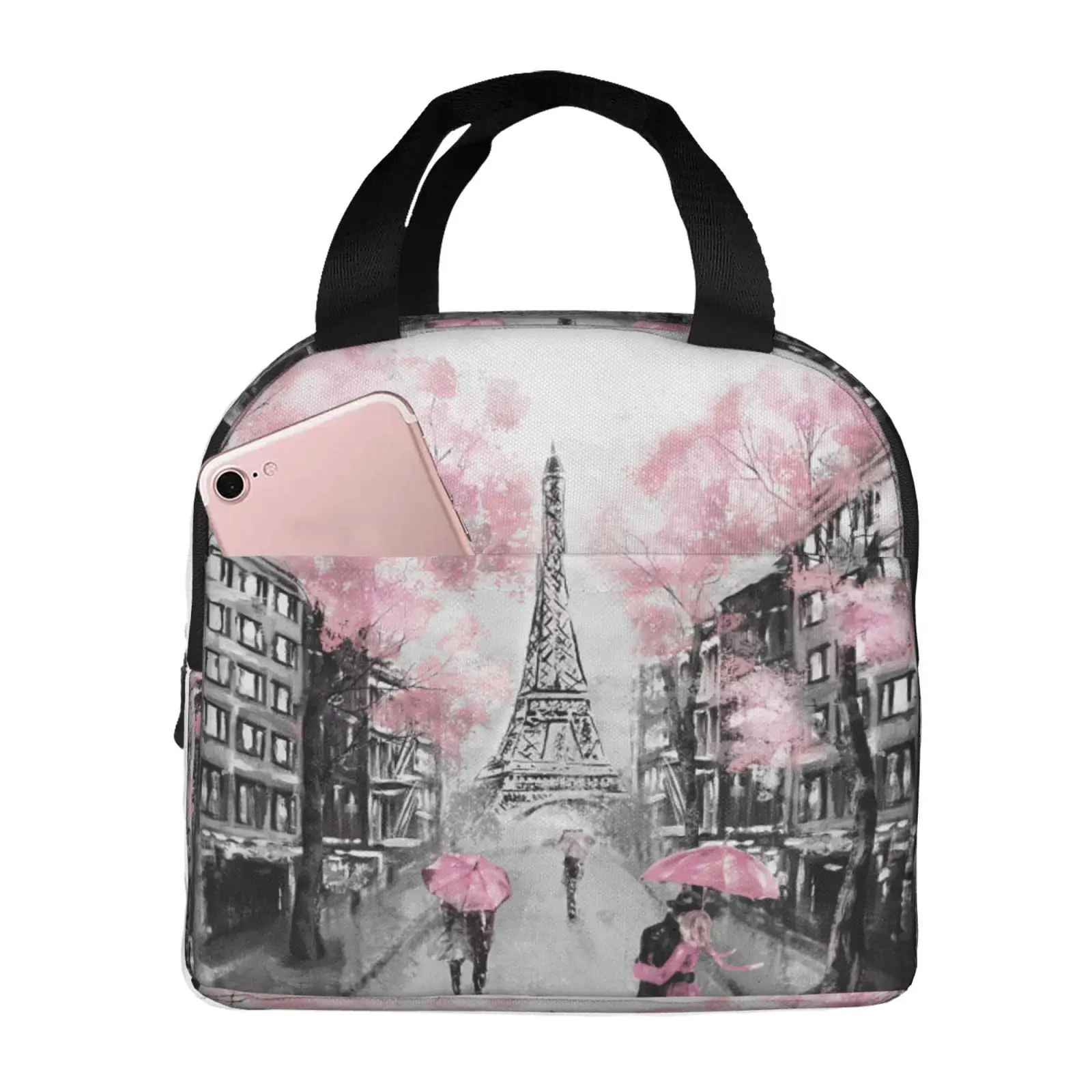 Pink Cherry Blossom Paris Eiffel Print Lunch Tote Bag Insulated Leakproof Lunch Box Container with Front Pocket for Girls Boys