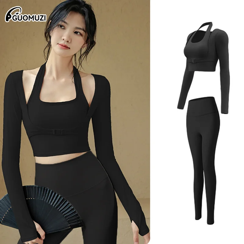 

Спортивный костюм с длинным рукавом, женские рубашки для йоги, спортивные леггинсы с высокой талией, спортивная одежда, спортивные топы из двух предметов, укороченный топ для фитнеса