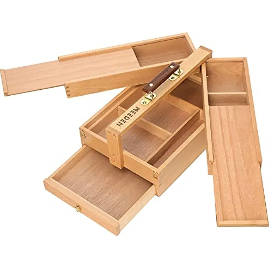 

Artist Supply Storage Box - Portable Foldable Multi-Function Beech Wood Artist Tool and Brush Storage Box with Compartments and