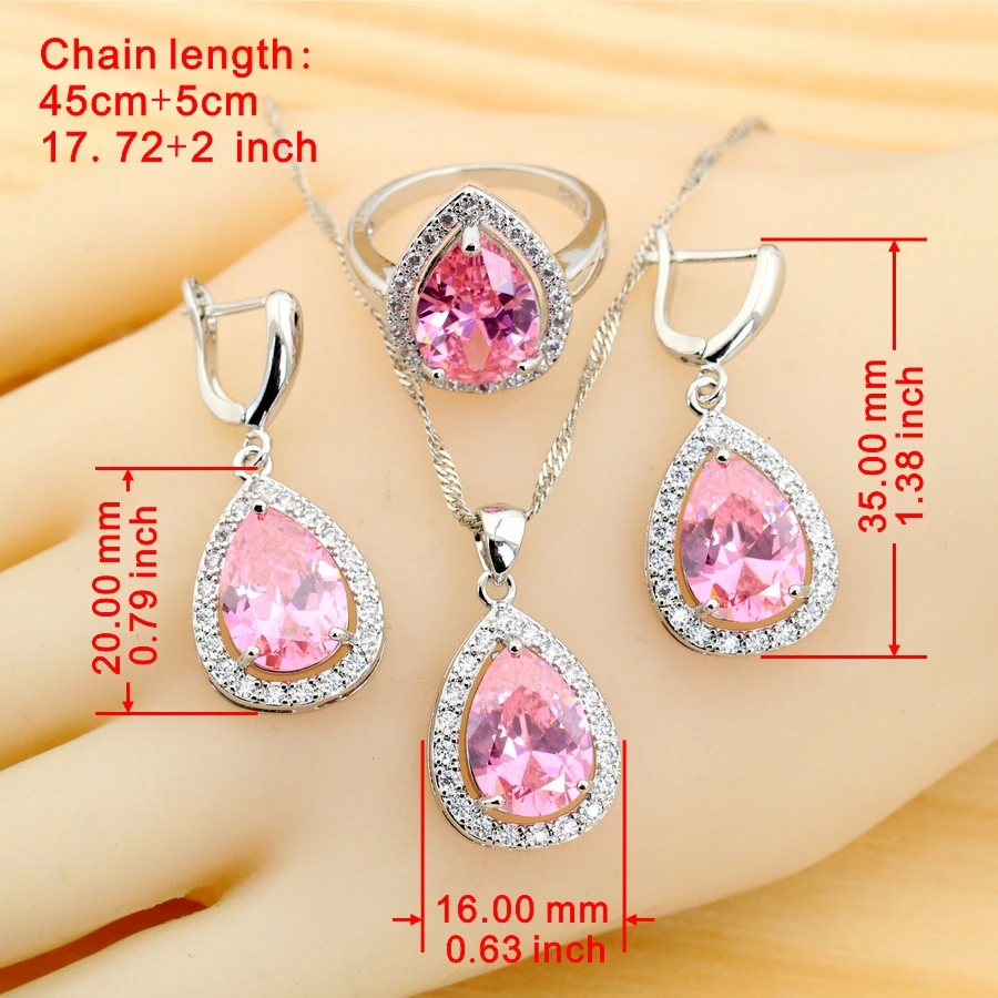 Classic Pink Zirconia Water Drop 925 Silver Jewelry Sets for Women Earrings Necklace Ring Bracelet Wedding Gift