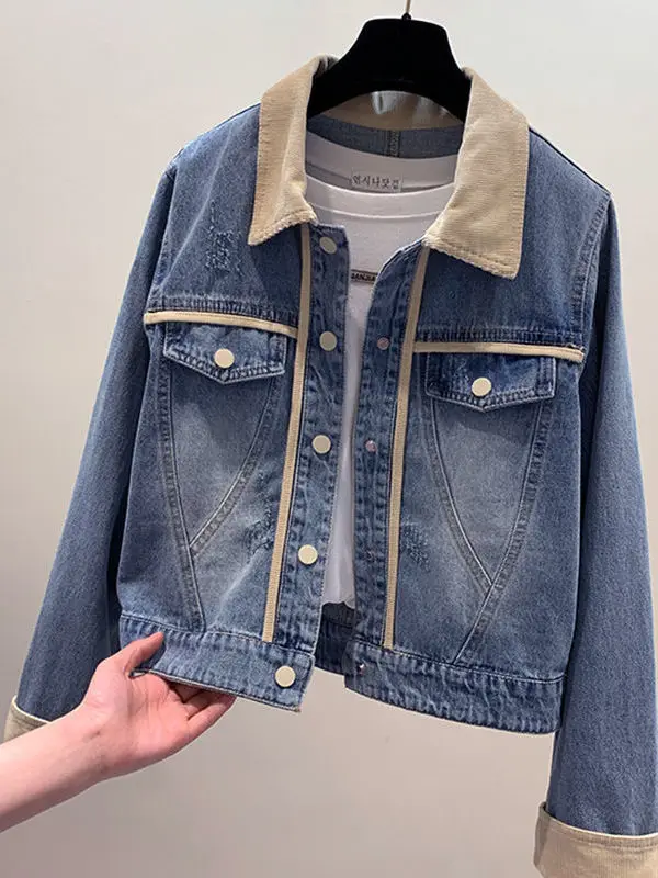 Cappotto ort versatile casual da donna in denim patchwork retrò Jaet Primavera Autunno ular Jaet coordinato da donna di piccole dimensioni