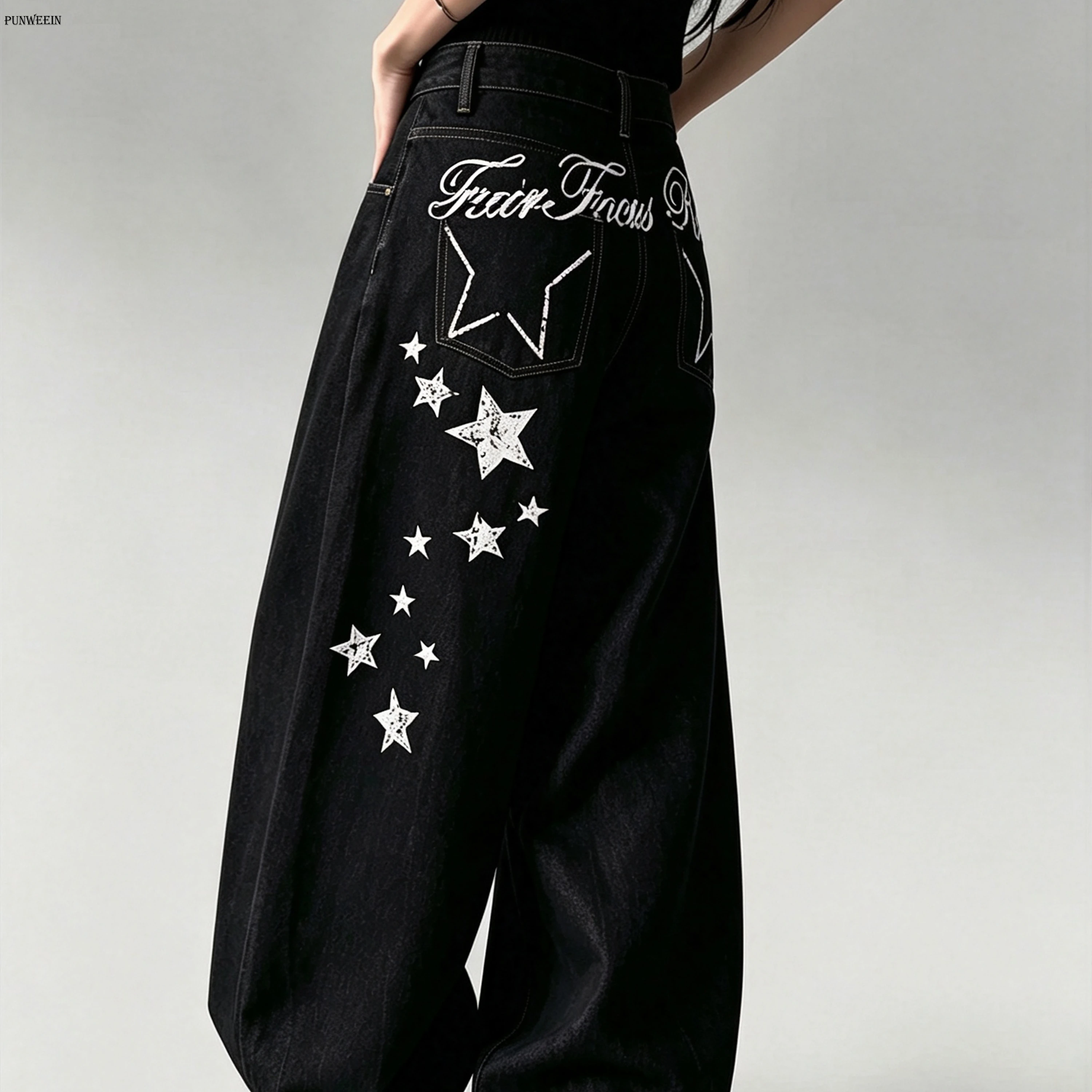 Y2K Letter Patterned Star Print Denim Pants for Straight Fit Loose and Wide Leg American Style High Street Leisure Pants Trendy
