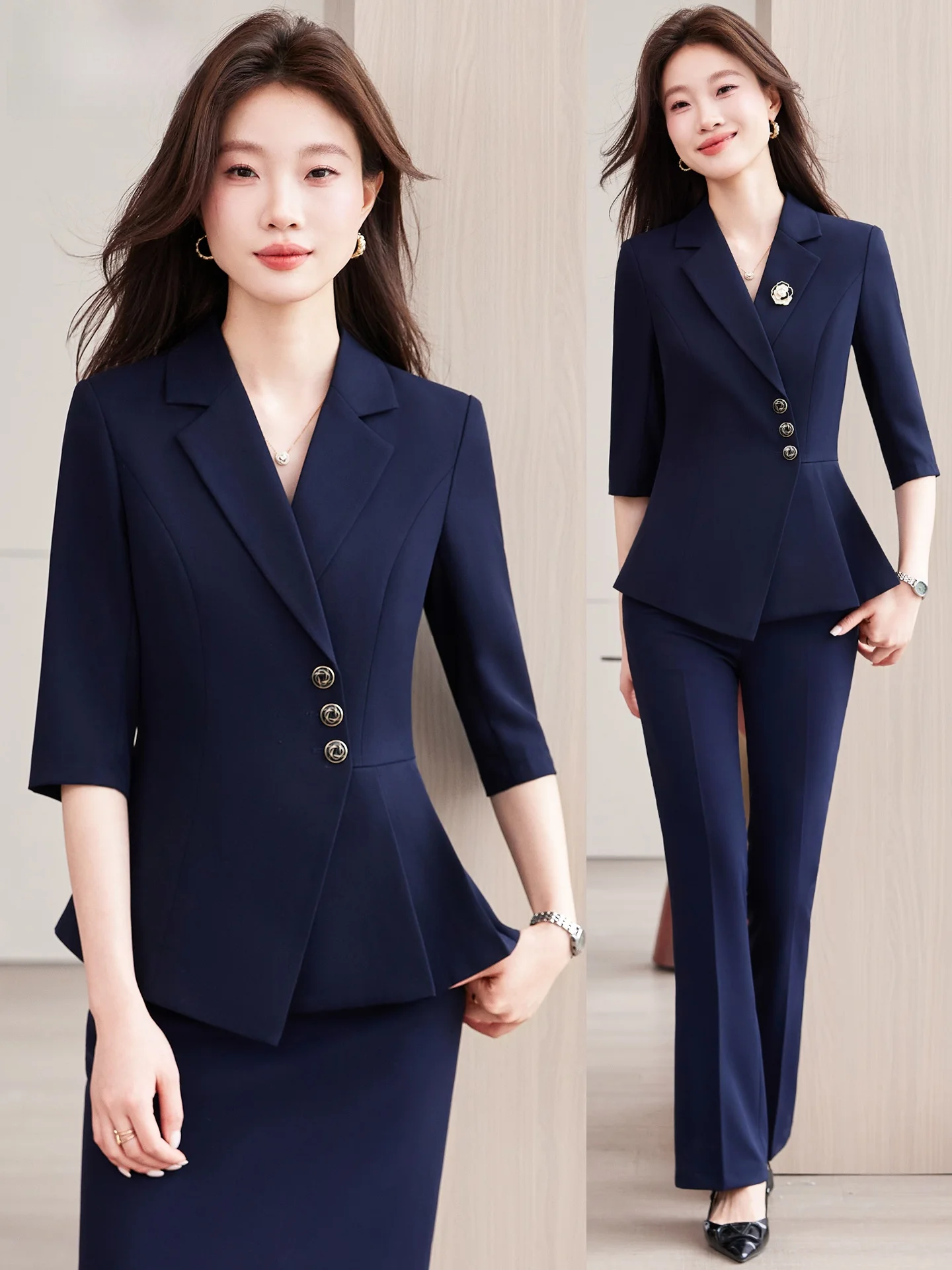 

Весенний тонкий профессиональный женский костюм с рукавом три четверти для менеджеров гостиничных ресепшн и сотрудников ювелирных магазинов (униформа)