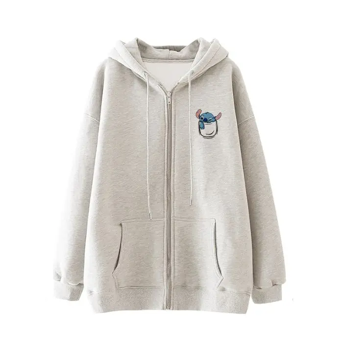 Cartoon Stitch Fun Hooded Sweatshirt Sweatshirt Woman Spring and Autumn Winter Loose Zip Jacket Padded Cardigan Jacket Girl