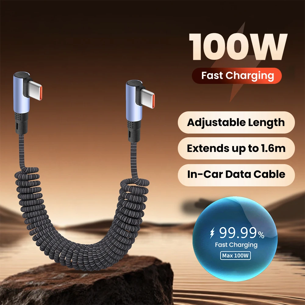 66W/100W Car Spring Data Cable Type C To USB C Cable Fast Charging Phone Data Cable For iphone 17 16 Samsung 66W USB A C Cable