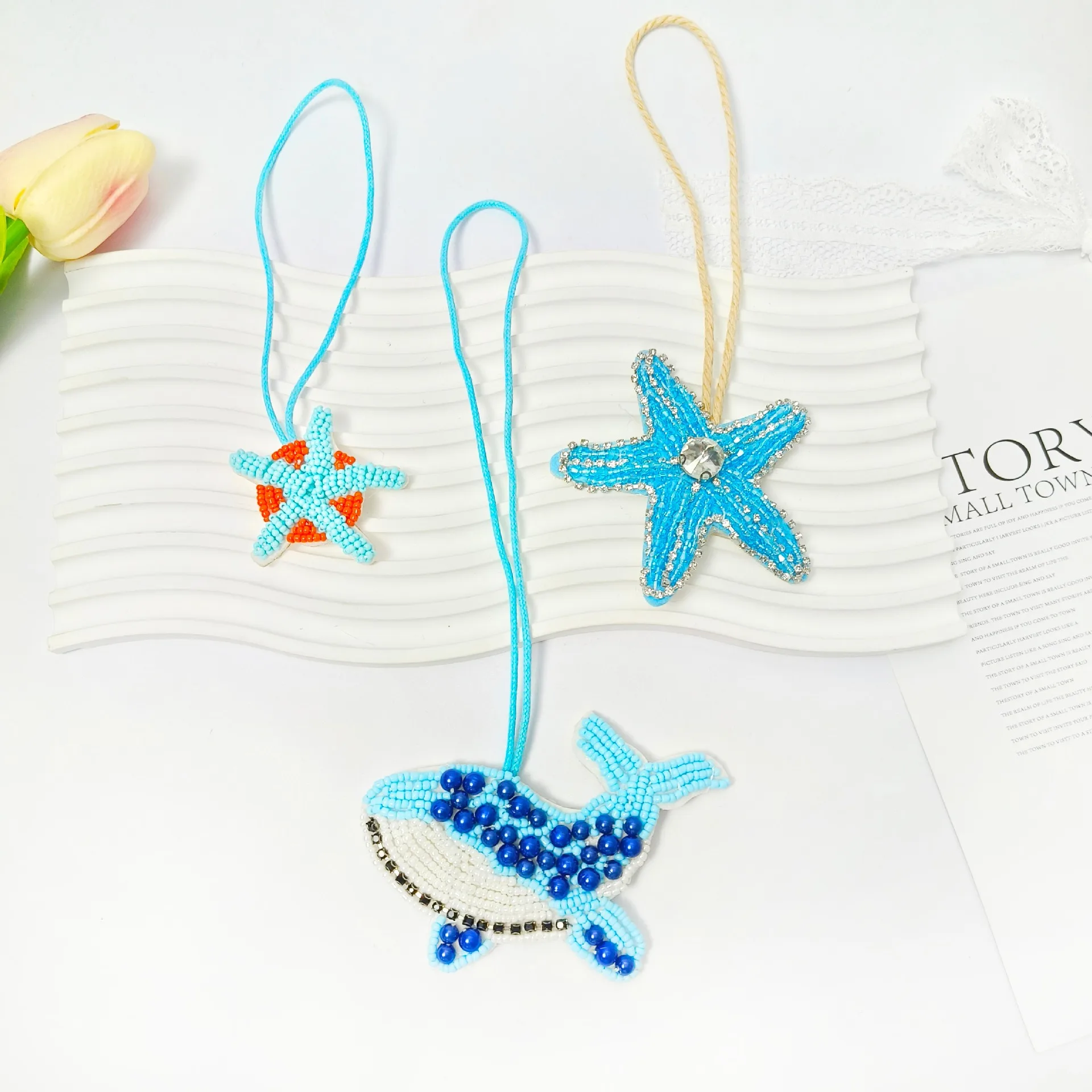 3d Handmade Rhinestone Beaded Bag Decoration Marine Organism Hanging Rope Patches Crystal Bag Lanyard Beading Applique Patch