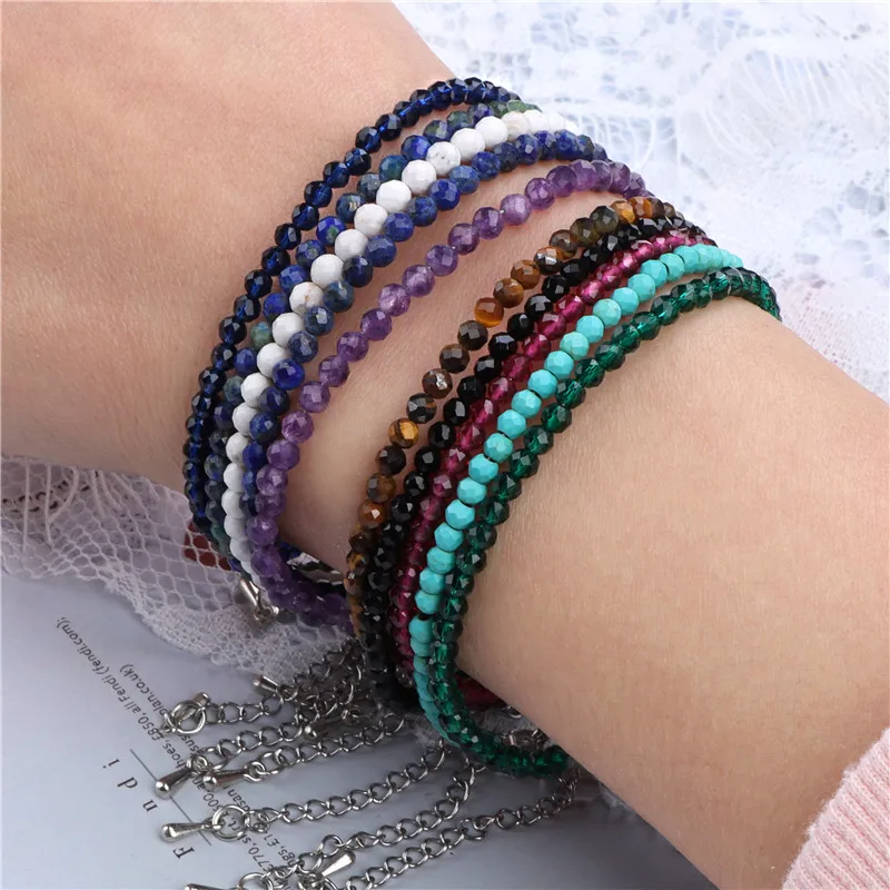 Natural 3mm Stone Beads Bracelet Small Round Faceted Lapis Tiger Eye Stone Couple Bracelets Jewelry For Women Girls Lady Gift