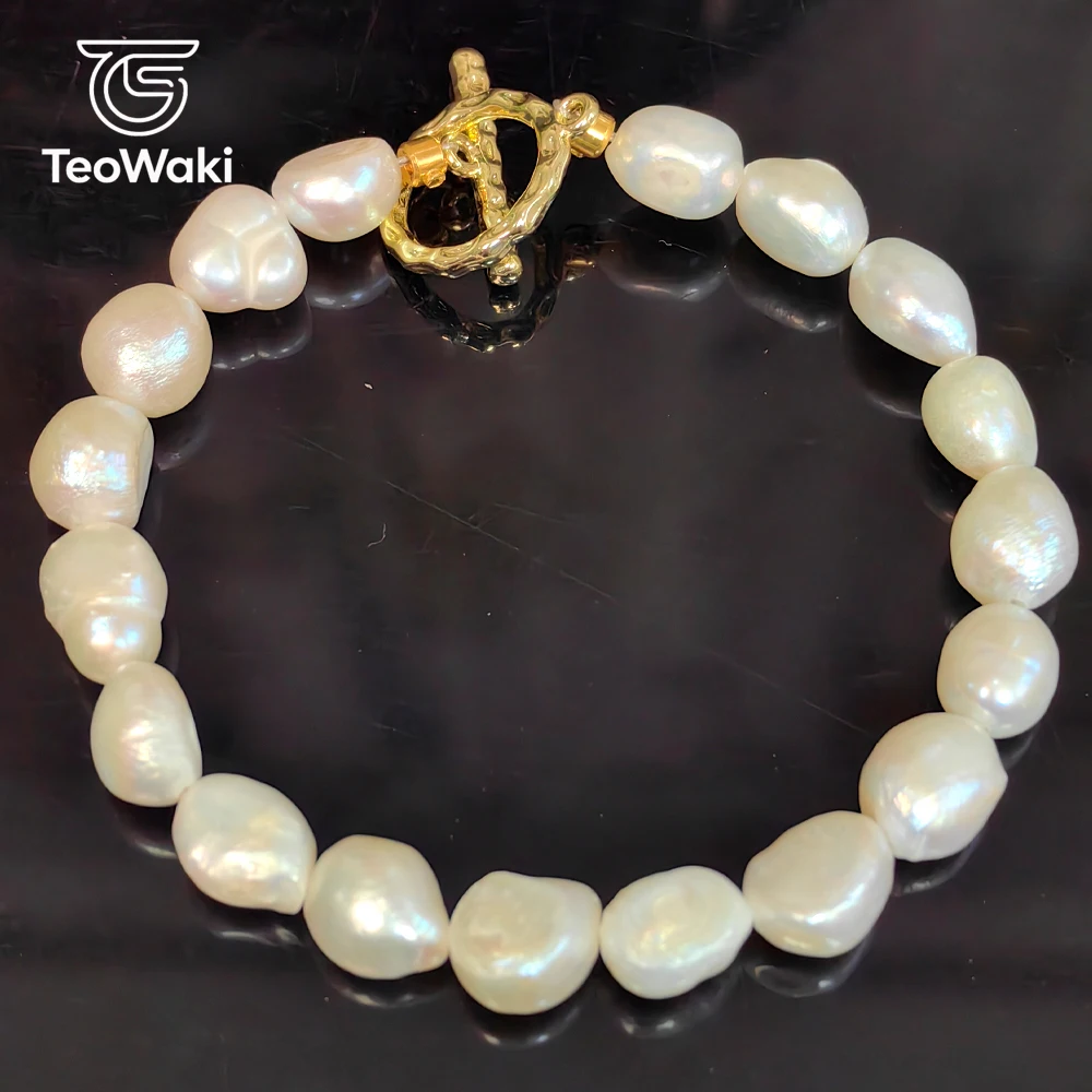 TeoWaki Natural Freshwater Pearl Beaded Two-sided Polished ot Buckle Bracelet Best Sweet Gift For Girlfriend Wife Friends 17cm