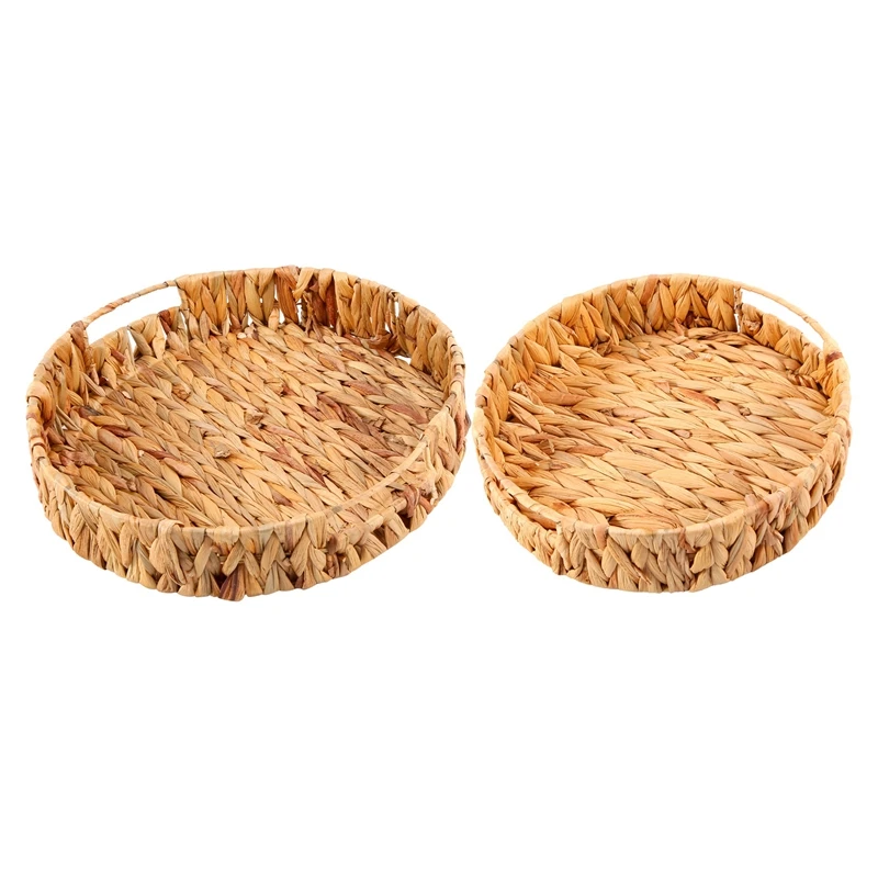 2Pcs Round Braided Tray Made of Seagrass Water Hyacinth Set 33cm + 28cm Diameter Fruit Bowl