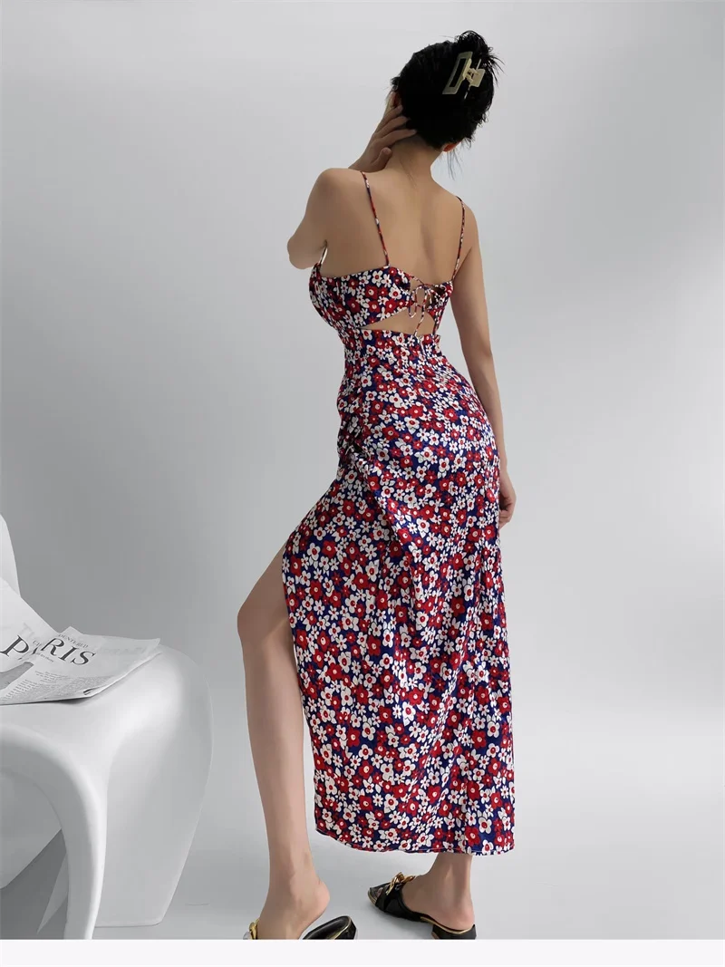 Keyanketian Sommer neue Frauen Pastoral Blumen druck Kleid Urlaub Stil Schnürung sexy Hohl rücken Schlitz Schlinge langes Kleid schlank