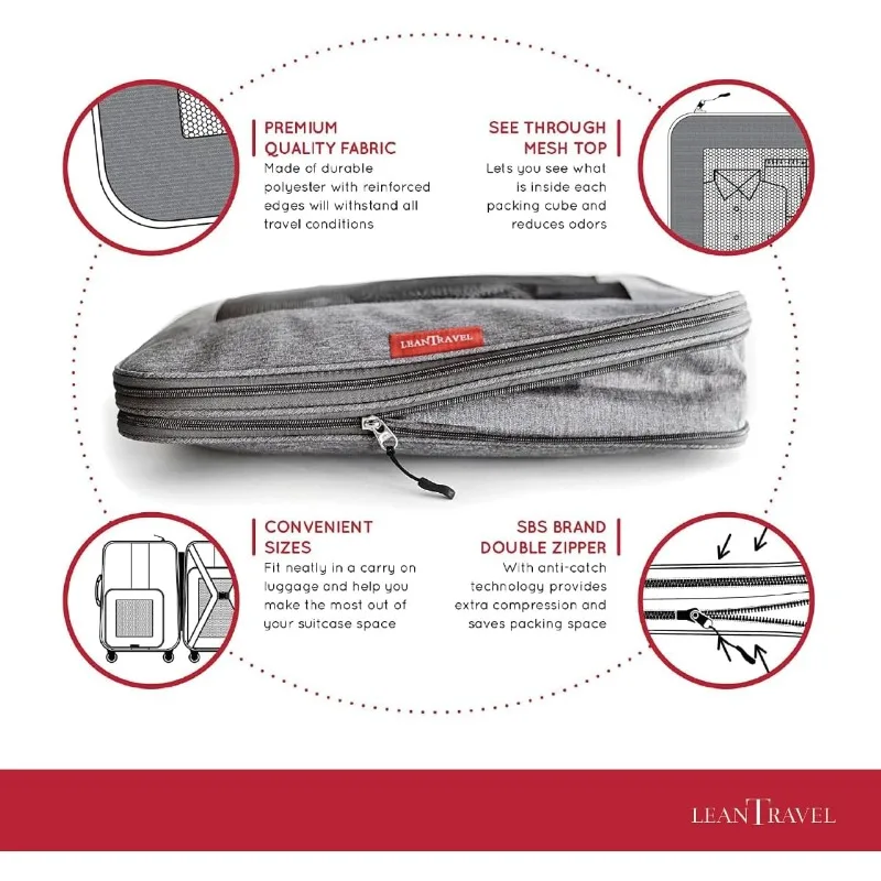 Compression Packing Cubes for Travel Organizers with Double Zipper (6-Pack (2L+2M+2S), Grey)