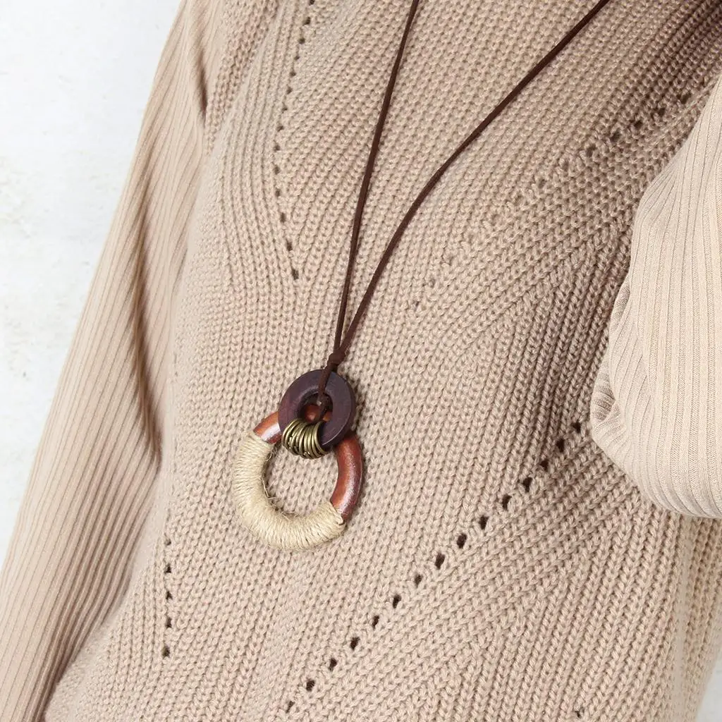 

Vintage Bohemian Retro Wooden Circle Pendant Velvet Cord Necklace