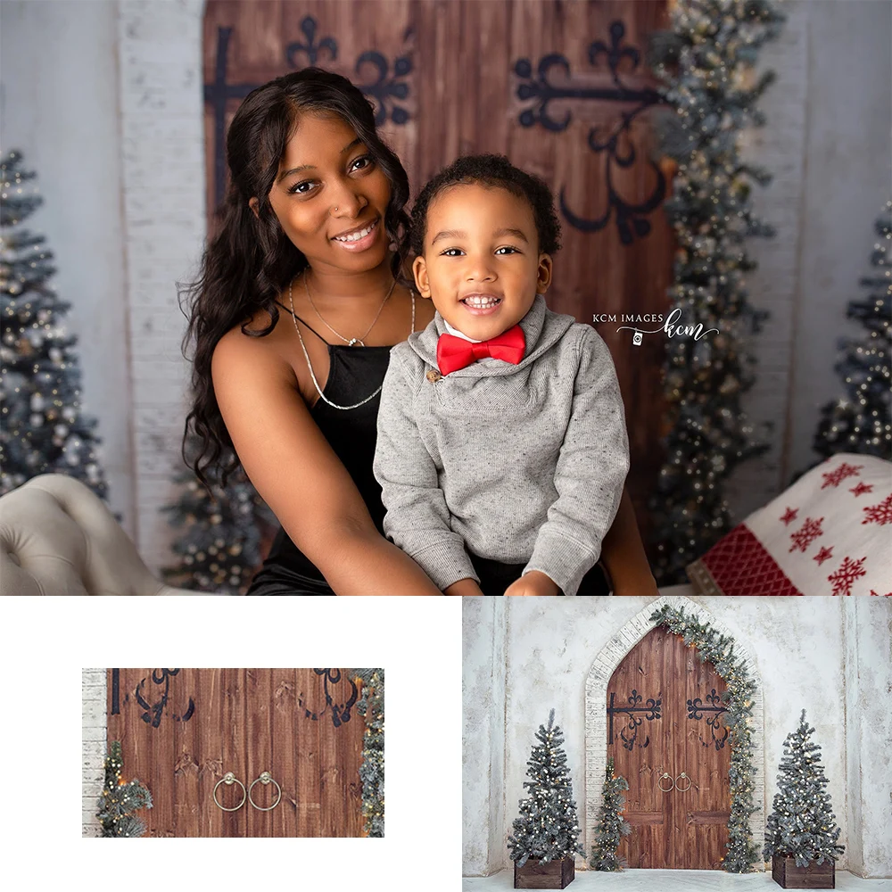 

Gates of Christmas Backdrops Kids Family Photocall Decors Child Adult Photography Wooden Door Xmas Trees Backgrounds