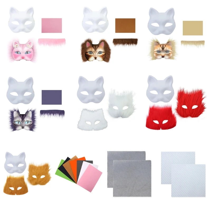 Unpainted Cats Face Mask with Furry Fabric Trim Adhesive Fabric Paintable Halloween Party Mask Adhesive Net Cloth