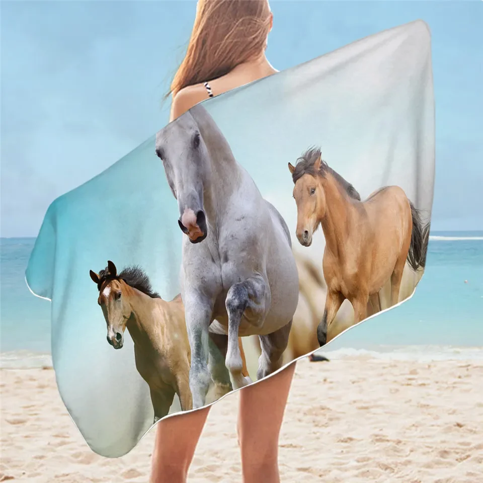 Horses Bathroom Towel 3D Galloping Wild Horse Microfiber Sand Free Beach Towel Dusty Lightning Photography Pool Towel