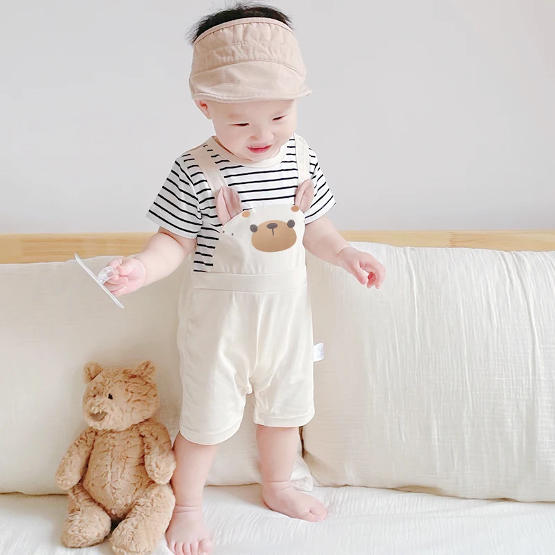 Baby pure cotton one-piece harem summer male and female baby fake two-piece overalls fashionable short-sleeved harem