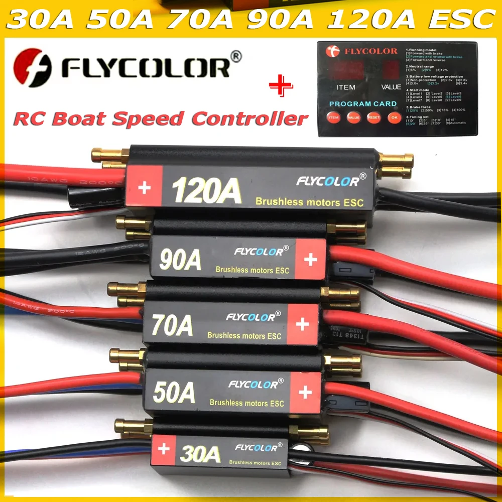 

Original FLYCOLOR 30A 50A 70A 90A 120A Speed Controller Brushless Boat ESC Waterproof 2-6S Lipo Program Card For RC Boat Motor
