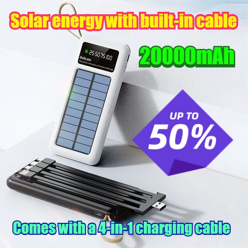 20000mAh Large Capacity Solar Power Bank with 3C Certification and Built-in Cables