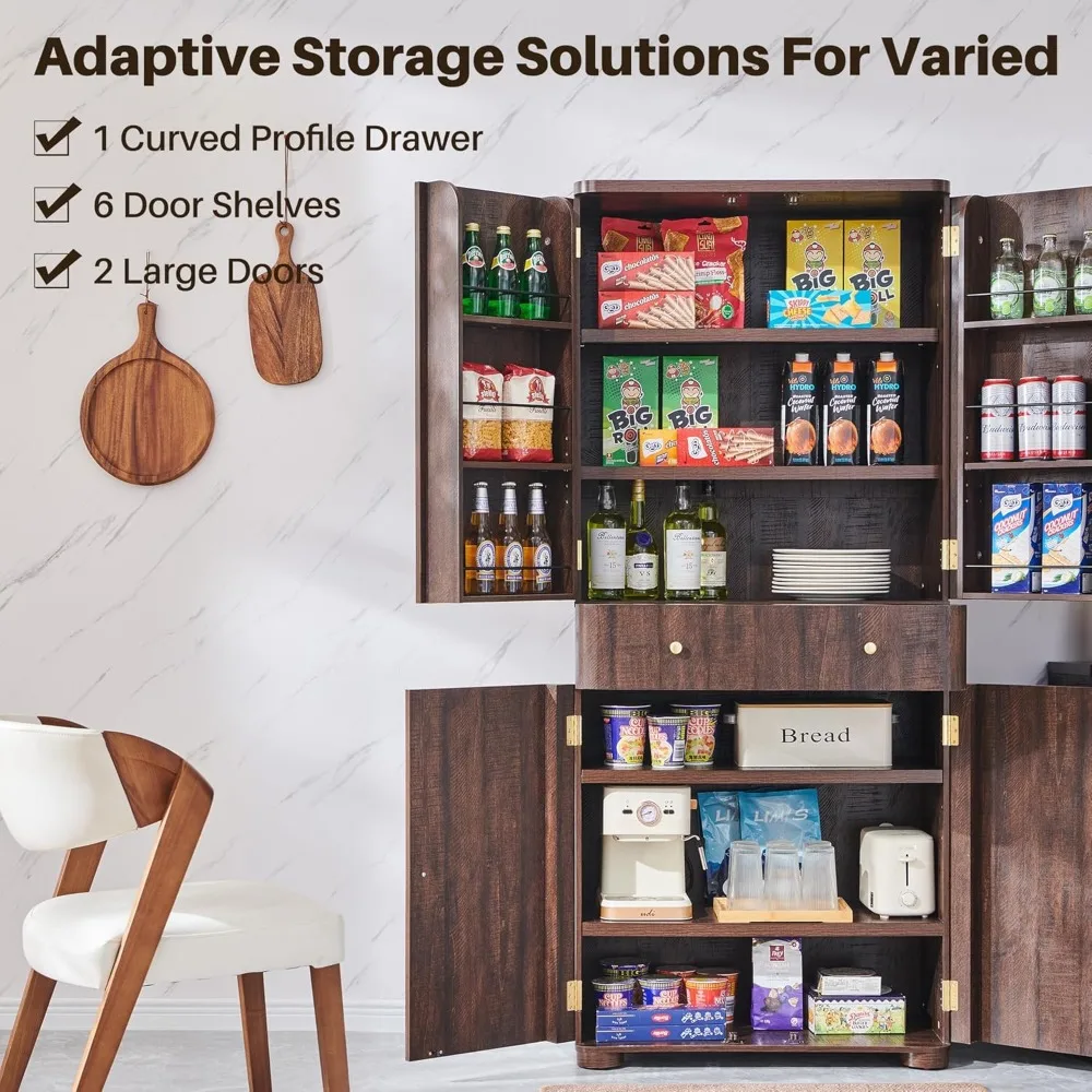 71인치 높이 주방 팬트리, 모던 곡선형 팬트리 수납장 (4개 도어, 6개 조절 가능 선반 포함), 주방용 찬장, 식탁용