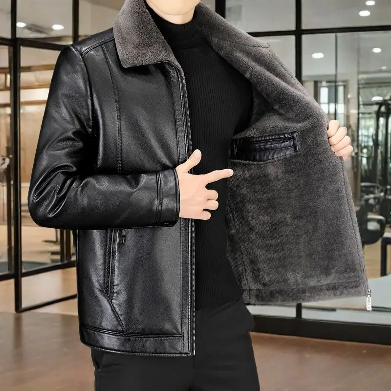 Lapel Velvet Thickened Cold and Warm Winter Short Men's Leather Jacket Winter Coat