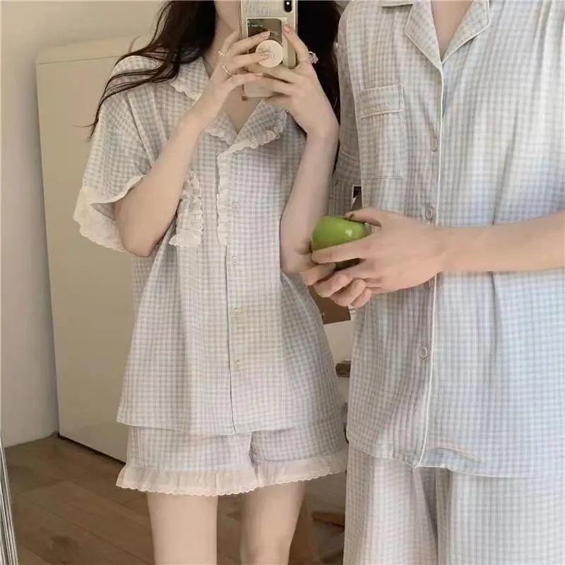 Summer thin couples pajamas women short-sleeved shorts set of large size men\'s summer simple outside home wear