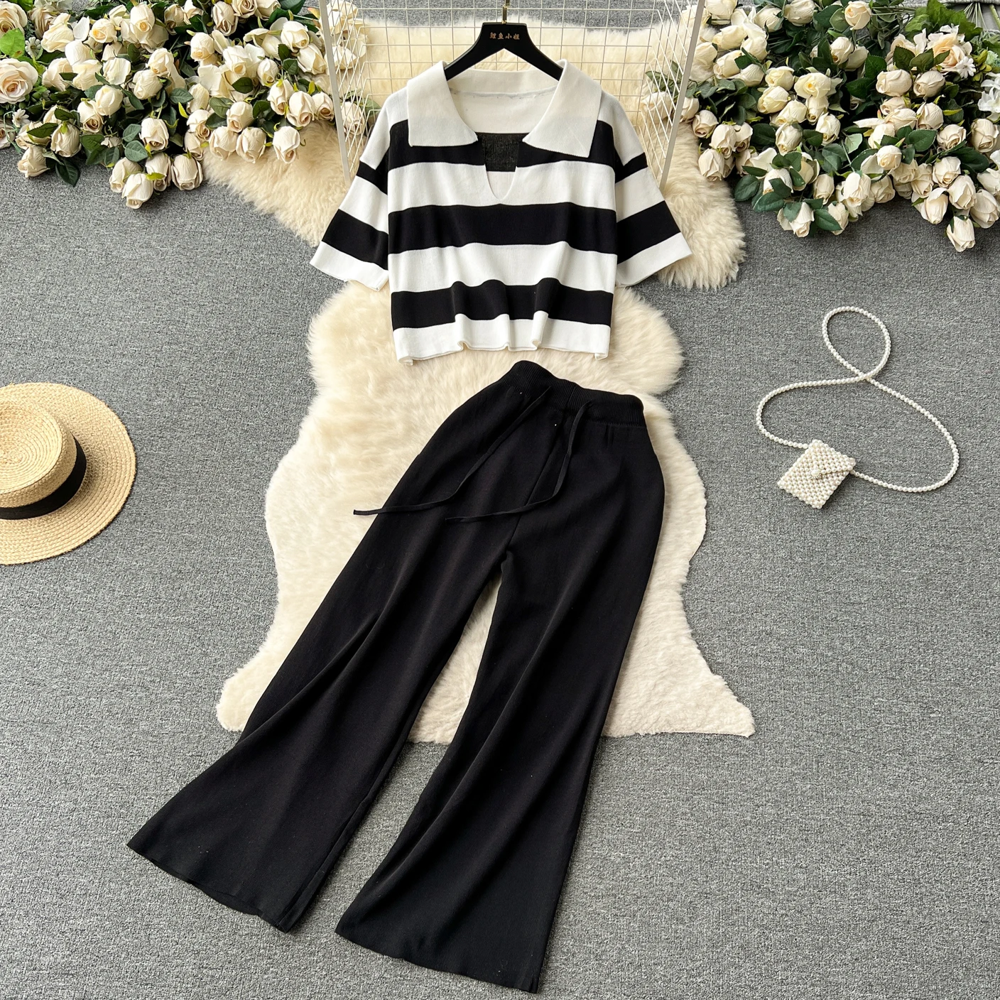 Autumn Winter New Casual Crop Tops Women\'s Sweater Suit Pants Sets Striped Pullover Loose Knitwear Elegant Elastic Trousers Sets