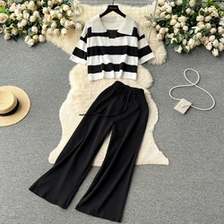 Autumn Winter New Casual Crop Tops Women's Sweater Suit Pants Sets Striped Pullover Loose Knitwear Elegant Elastic Trousers Sets