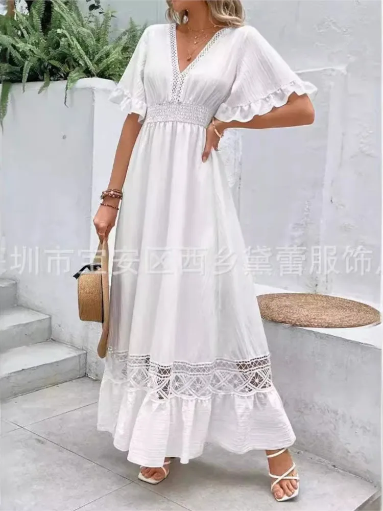 エレガントな白いレースの女性用ドレス、半袖Vネックロングドレス、レディースボヘミアンカジュアルルーズホローアウトビーチプリーツローブドレス