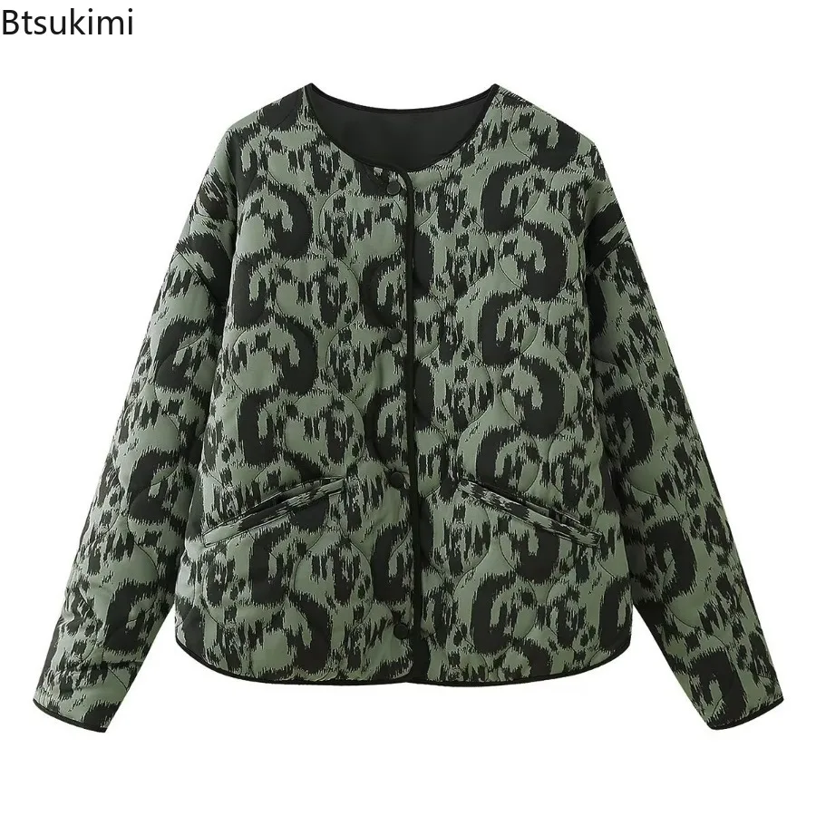 New Women's Autumn Winter Animal Print Jacket Top Round Neck Long Sleeve Single-breasted Cotton Jacket Coat Winter Coat Parkas