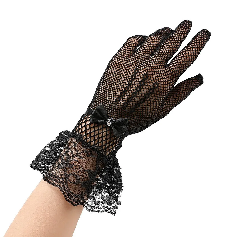 New Lace Fishnet Gloves Mesh Stretchy Stage Performance Gloves Breathable Bow Design Mittens Ladies