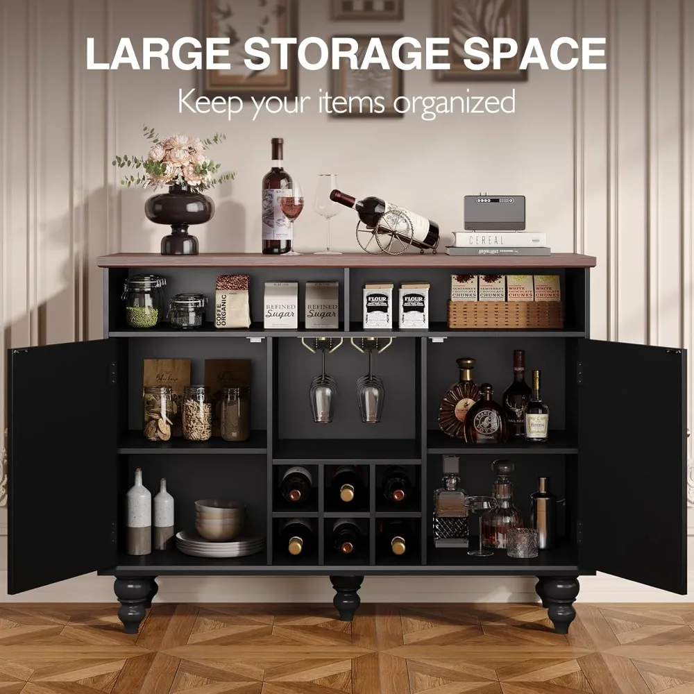 خزانة بار النبيذ الحديثة لمنتصف القرن الأسود مع مساحة تخزين، وخزانة مشروبات مع رف النبيذ وحامل زجاجي، وخزانة بوفيه مع #3