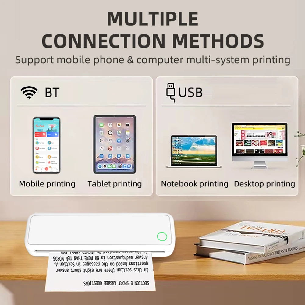 Wireless Mobile Travel Printer with Printing Paper BT Wireless Portable Printer Document Printing Maker Home & Work Use