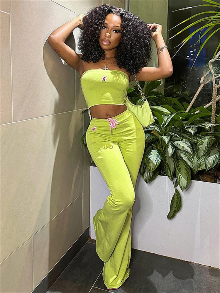 Simenual Y2K Aesthetics Green Co Ord Suits E-Girl Cute Flower Strapless Tupe Tops Casual Flare Pants Two Piece Sets for Women