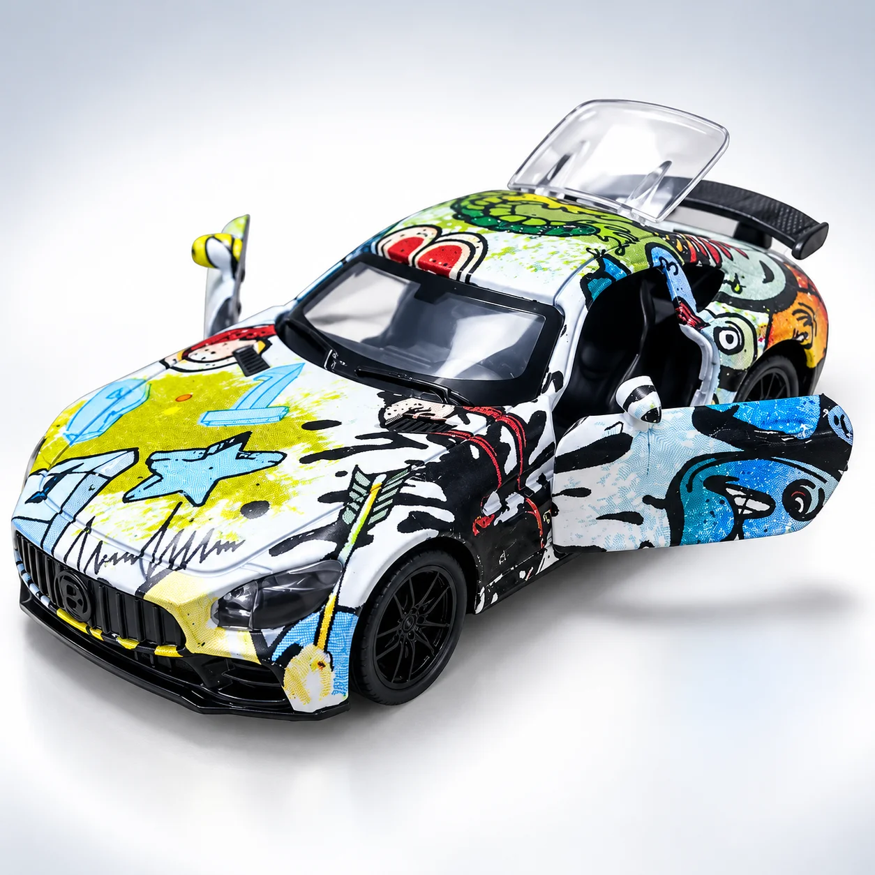 (Corrugated Box) 1/36 Scale, Graffiti Sports Car Style Toy Car, Powerful Spring, Metal Casting, the Best Gift.