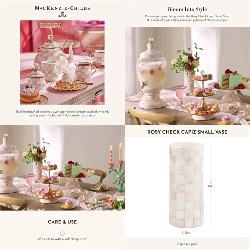 

Small Capiz Vase - Unique Decorative Flower Vase with Pink and White Rosy Check Pattern