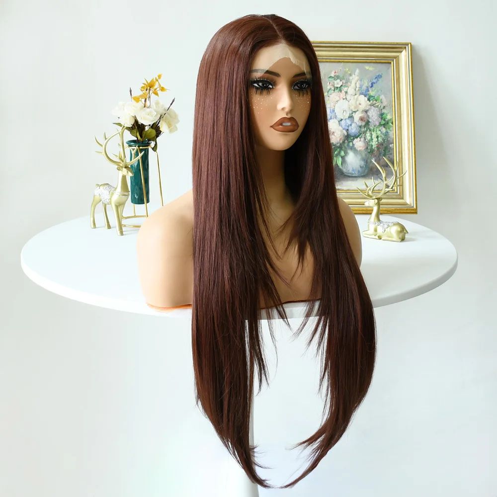 البني المحمر الطبقات قطع 32 بوصة 13x4 HD العظام الشفافة مستقيم الدانتيل الجبهة البرازيلي الاصطناعية pelucas دي موهير