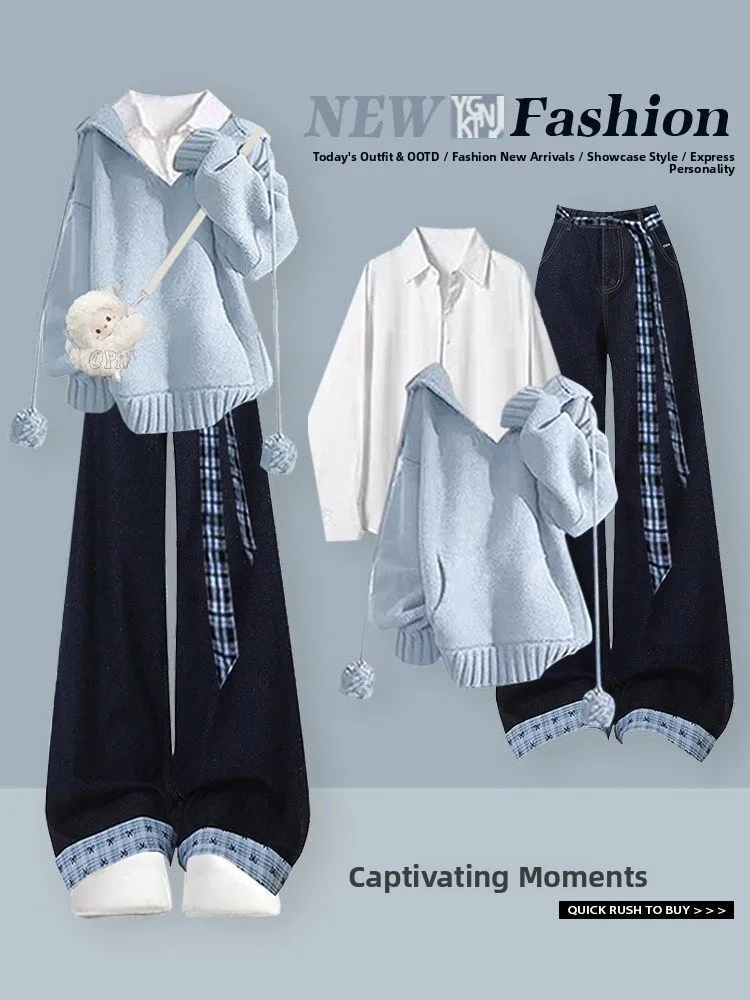 

Корейский комплект для женщин больших размеров: синяя толстовка, широкие джинсы, футболка, повседневный свободный крой, джинсы с высокой талией